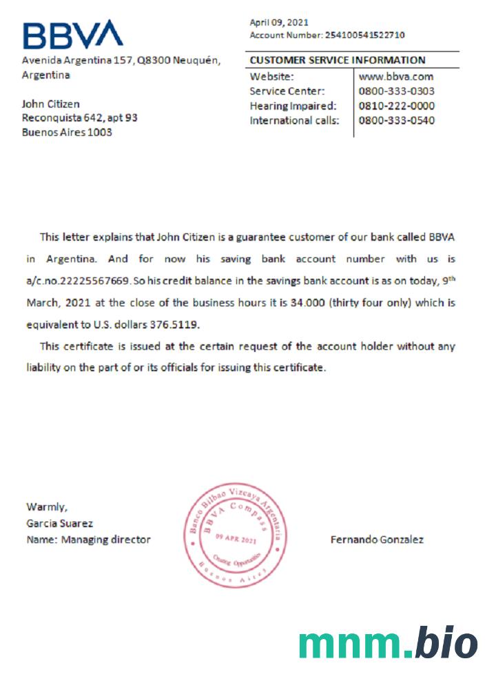 Argentyna BBVA Bank przykład odniesienia w formatach Word i PDF